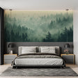 Forest wallpaper mural creating depth in modern living room, morning light filtering through misty pines