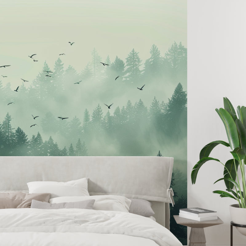 Home office featuring forest wall mural with flying birds and morning fog