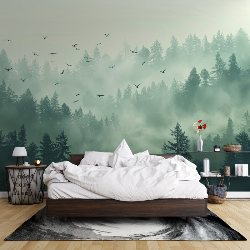 Dining room with pine forest wallpaper creating peaceful dining atmosphere