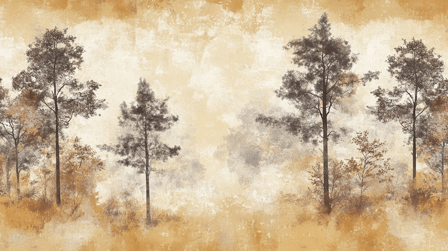 Forest mural wallpaper design file showing detailed pine trees and golden sky pattern