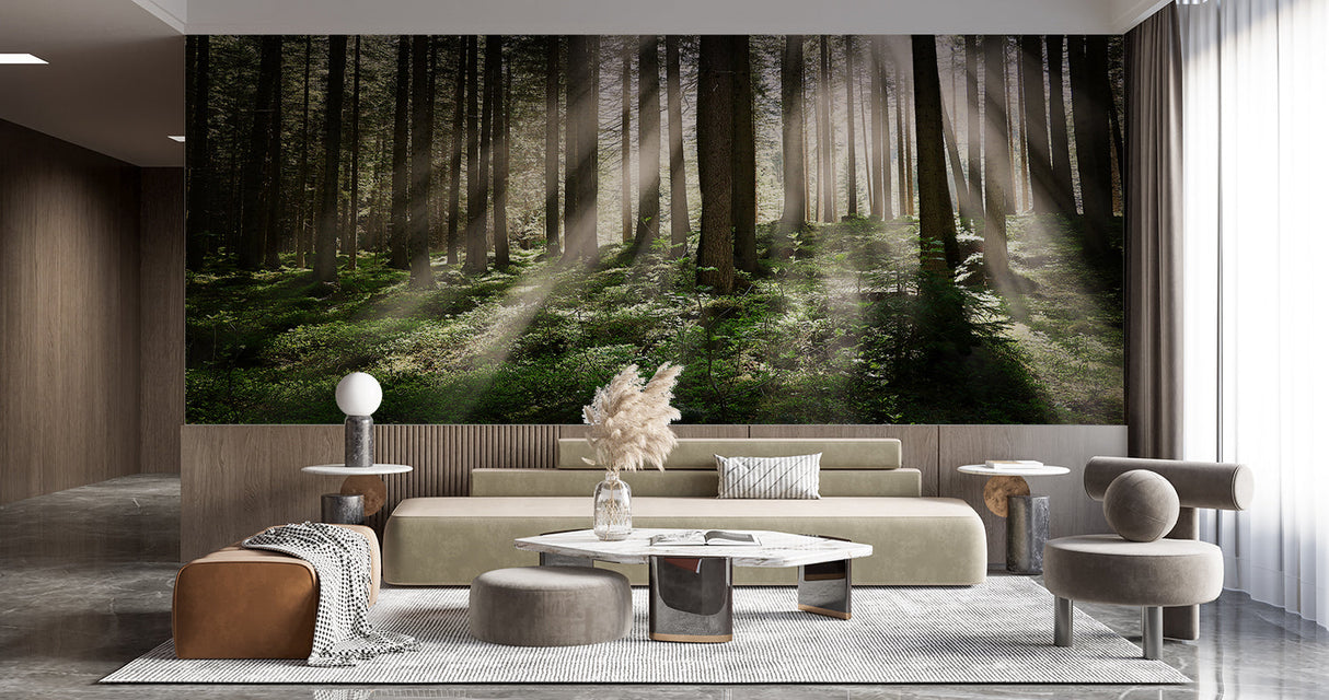 Pine forest wall mural bringing nature into dining room space