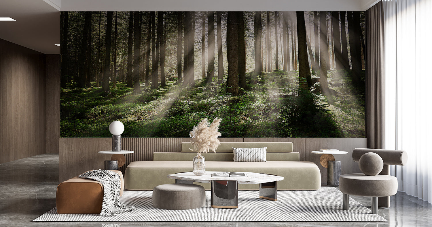 Pine forest wall mural bringing nature into dining room space