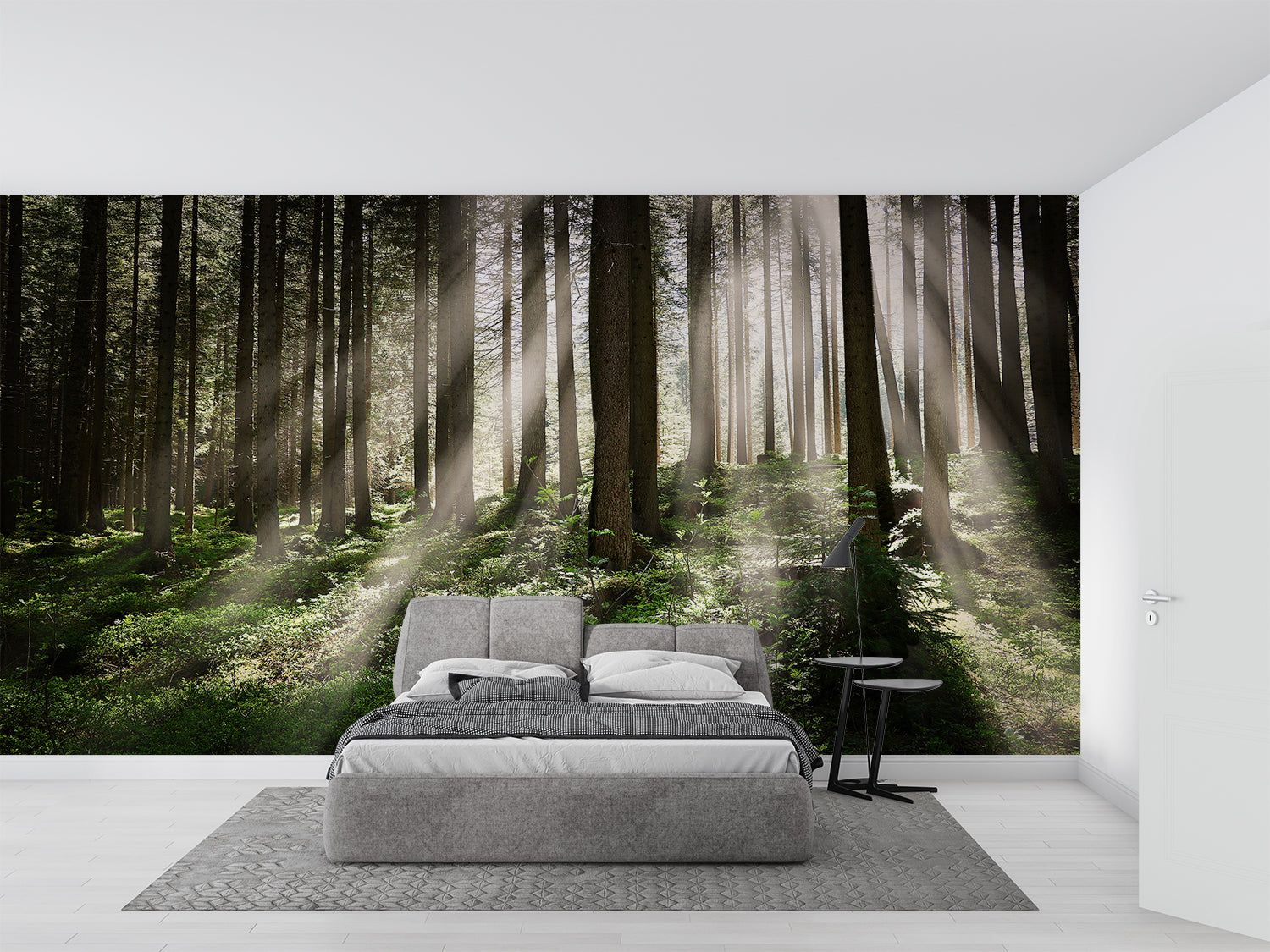 Forest scenery wallpaper installation in home office with natural lighting