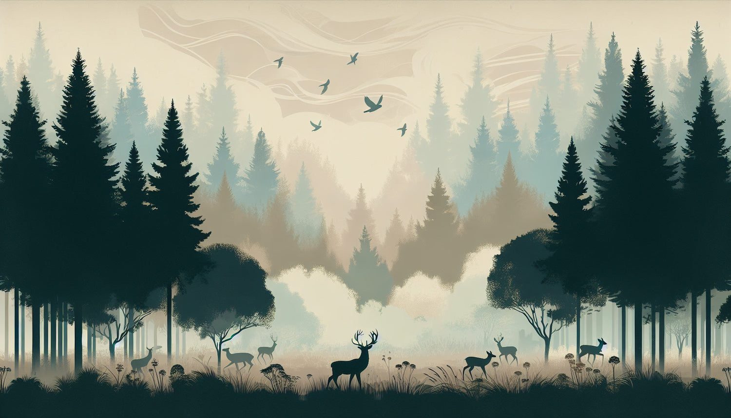 Forest landscape wallpaper design file showing detailed misty pine trees and wildlife pattern