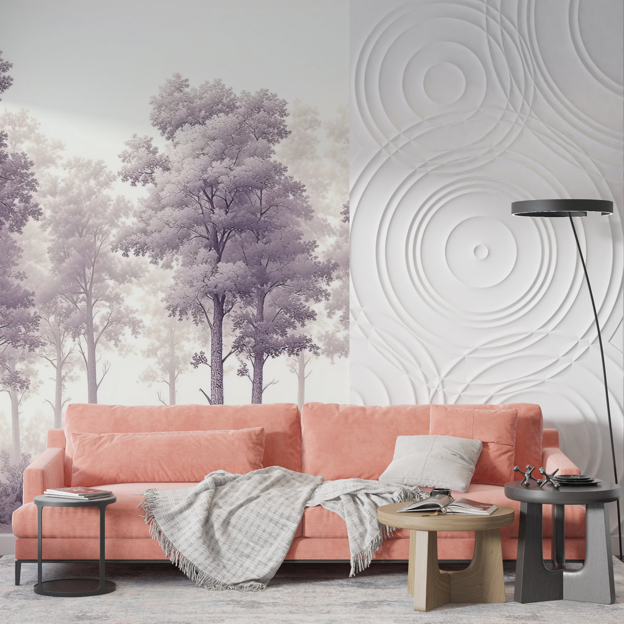 Misty forest mural wallpaper in a peaceful master bedroom setting