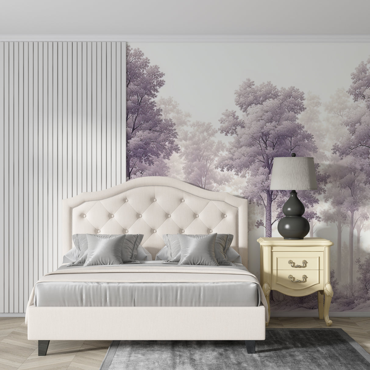 Purple tree wall mural bringing depth to a minimalist dining room