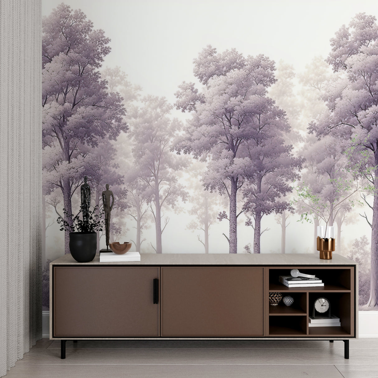Forest wallpaper with purple hues making a home office feel serene