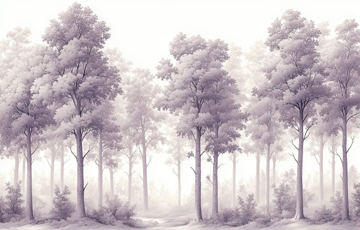 Design file showing detailed purple misty forest pattern with tree silhouettes