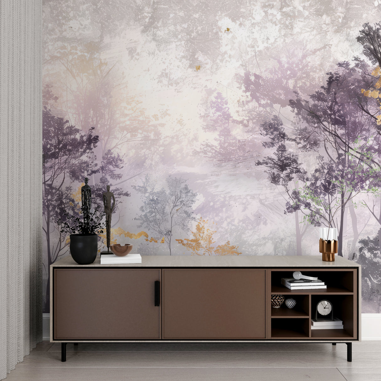 Misty forest mural installed in a master bedroom showing purple and gold tones
