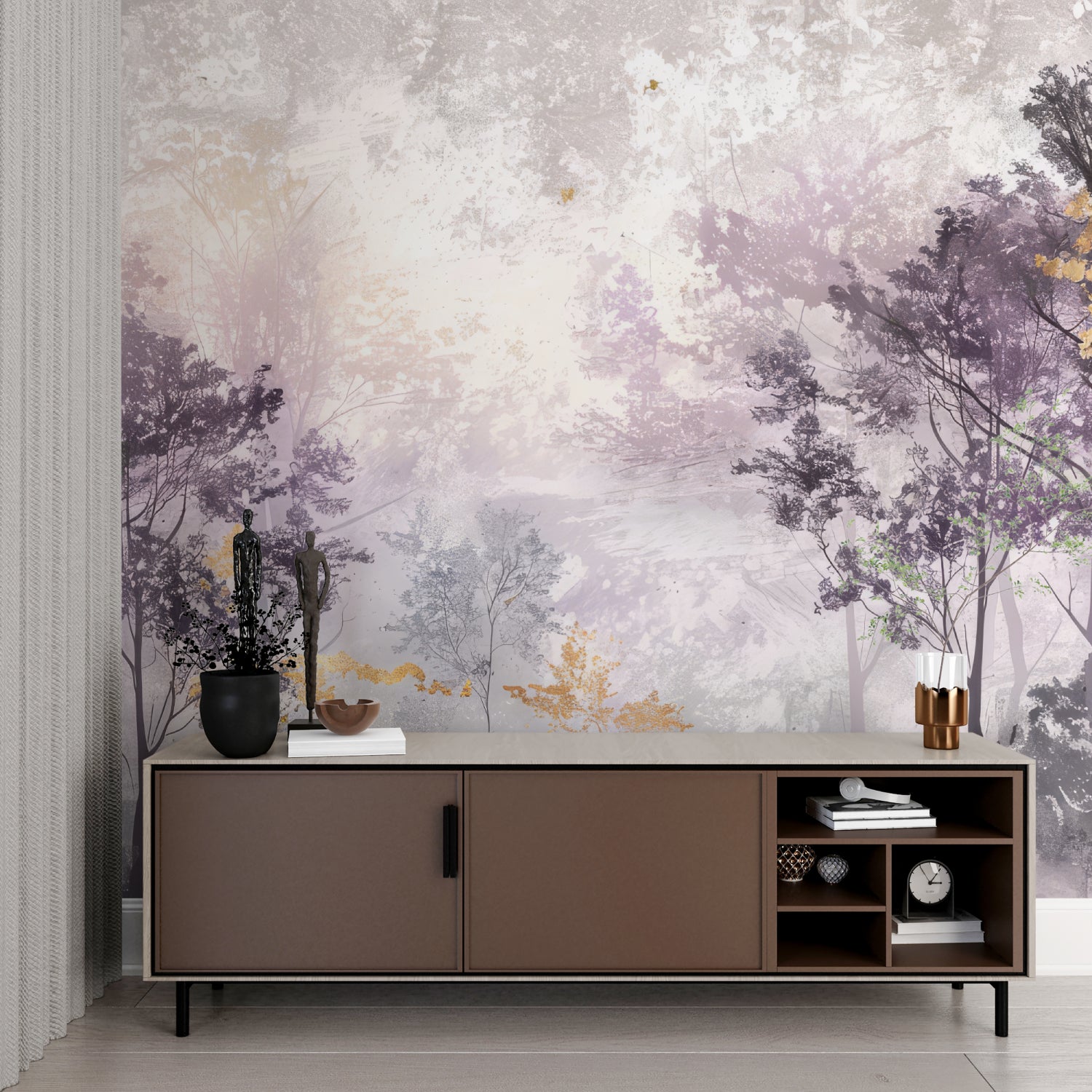 Misty forest mural installed in a master bedroom showing purple and gold tones