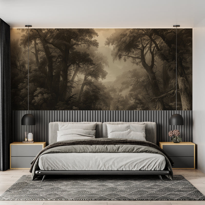 Forest landscape wallpaper in modern living room, creating depth with misty sepia tones