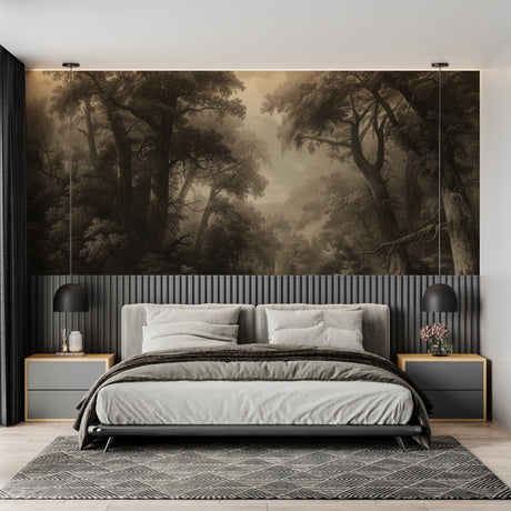 Forest landscape wallpaper in modern living room, creating depth with misty sepia tones