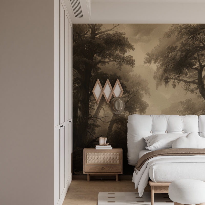 Sepia forest mural in cozy bedroom setting with natural light