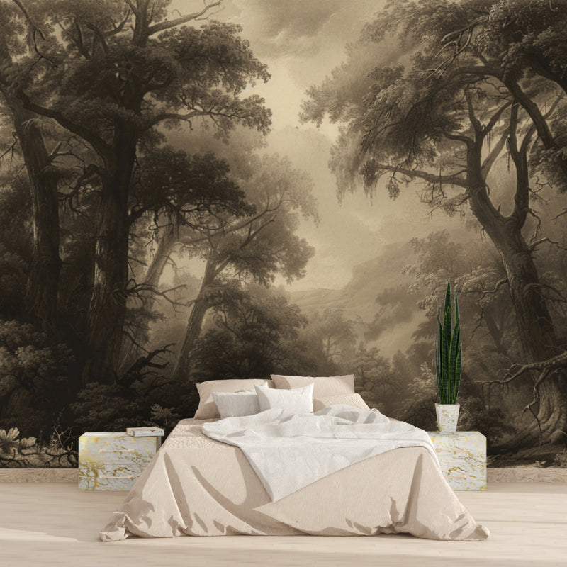 Misty forest wallpaper adding warmth to dining room walls