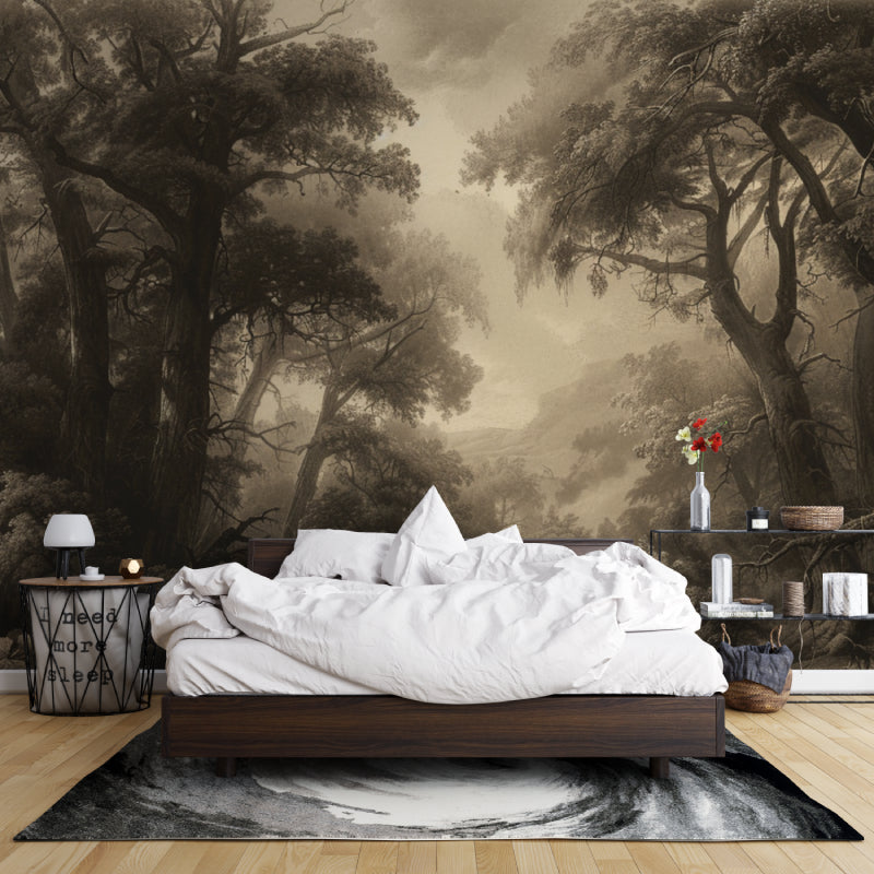 Woodland mural creating depth in home office space