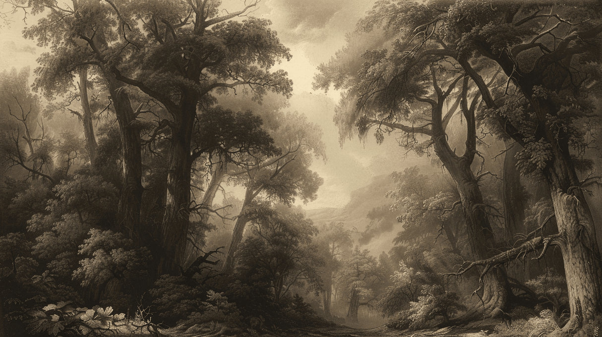 Forest landscape wallpaper design file showing detailed misty sepia pattern