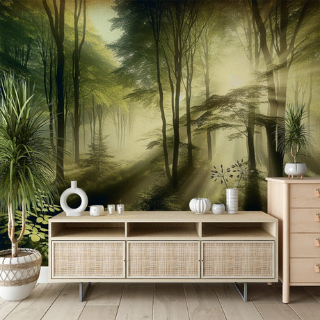 Forest wall mural creating depth in modern living room, sunbeams filtering through misty trees
