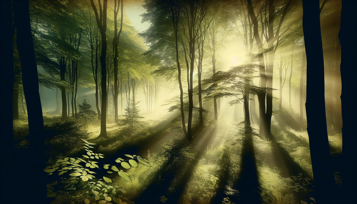 Misty forest wallpaper design file showing sunlight streaming through trees