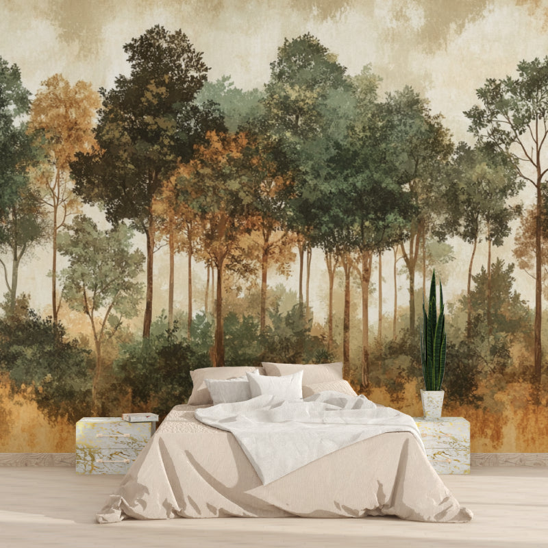 Forest mural wallpaper creating a cozy atmosphere in a modern living room with terracotta and green tones