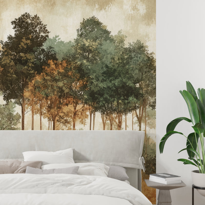 Woodland wallpaper mural showcased in a peaceful bedroom setting with natural light