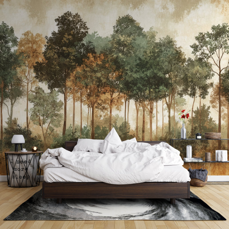 Forest wall mural bringing nature indoors in a minimalist dining room space