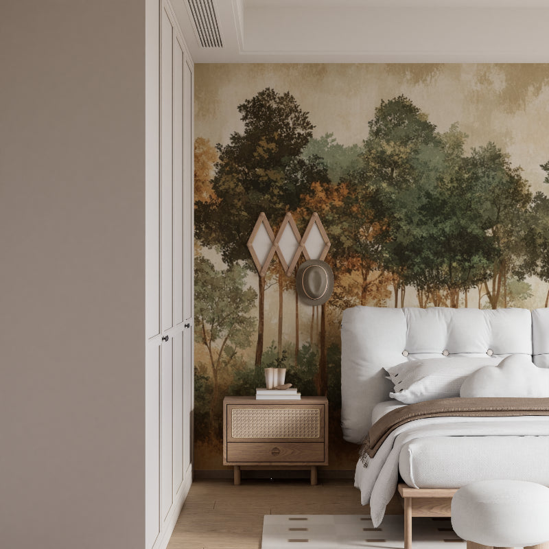 Nature inspired mural wallpaper displayed in a home office with warm lighting