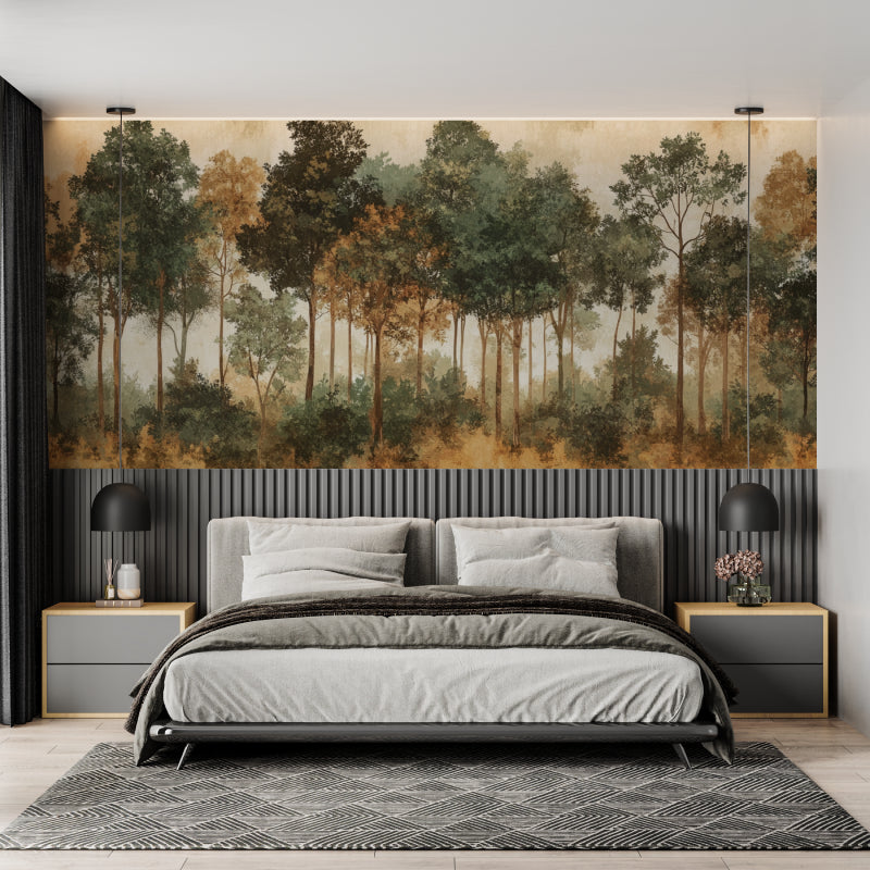 Misty forest wallpaper creating depth in a contemporary hallway setting