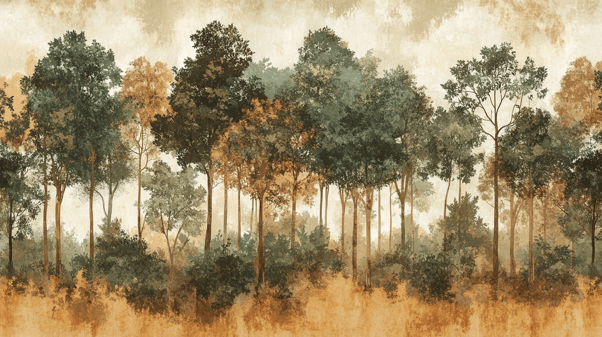 Forest wallpaper design file showing detailed misty trees pattern in terracotta and green shades