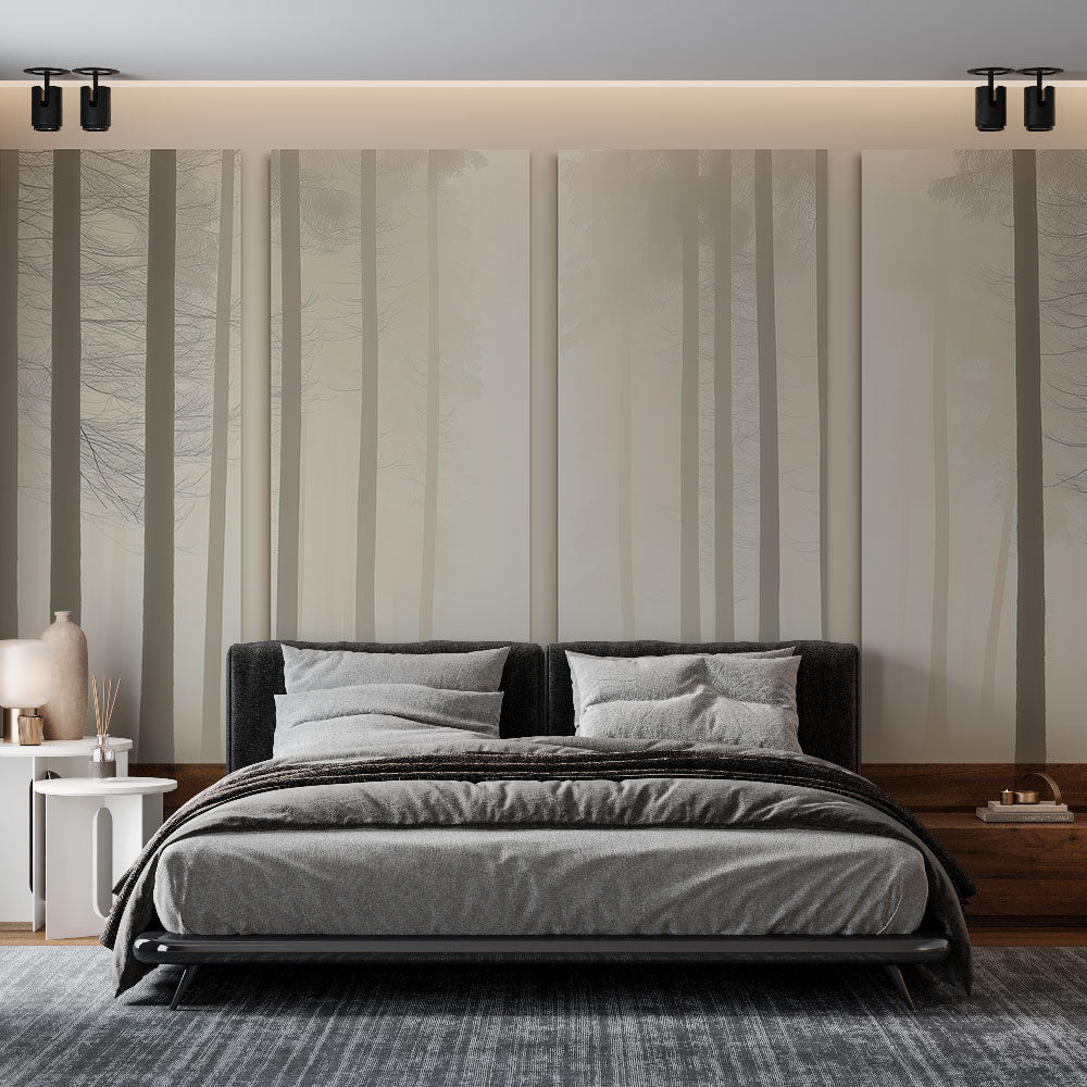 Forest wallpaper mural creating depth in a modern living room, soft morning mist effect on grey walls