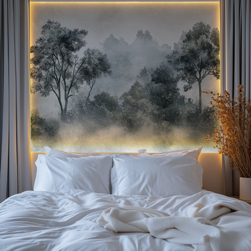 Misty tree mural creating depth in a dining room with natural decor