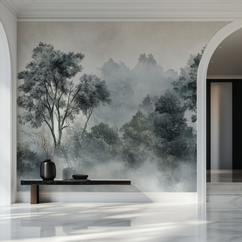 Tree wall mural in a meditation room with simple furniture