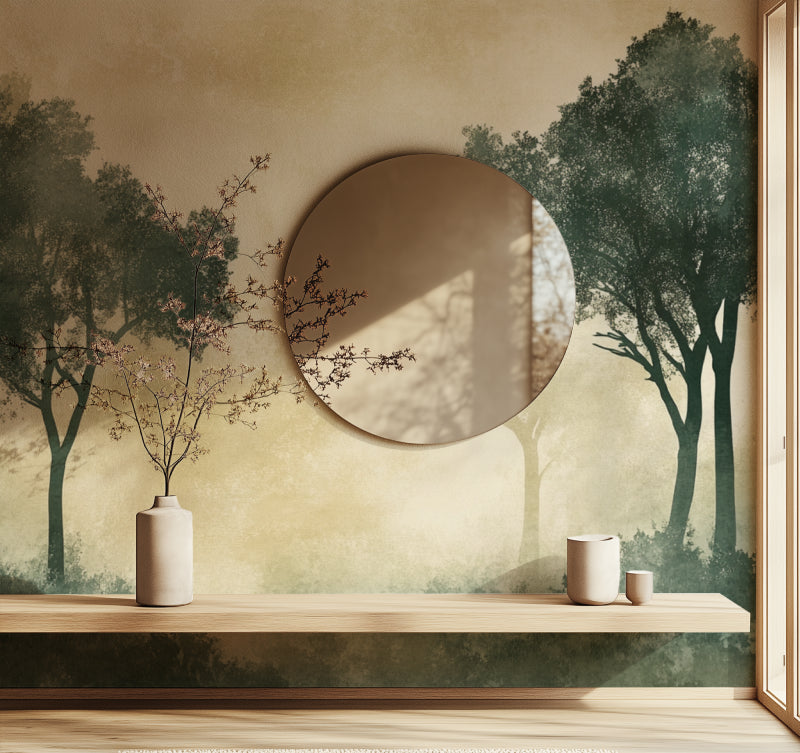 Misty Forest Wallpaper bringing nature indoors in a cozy bedroom setting