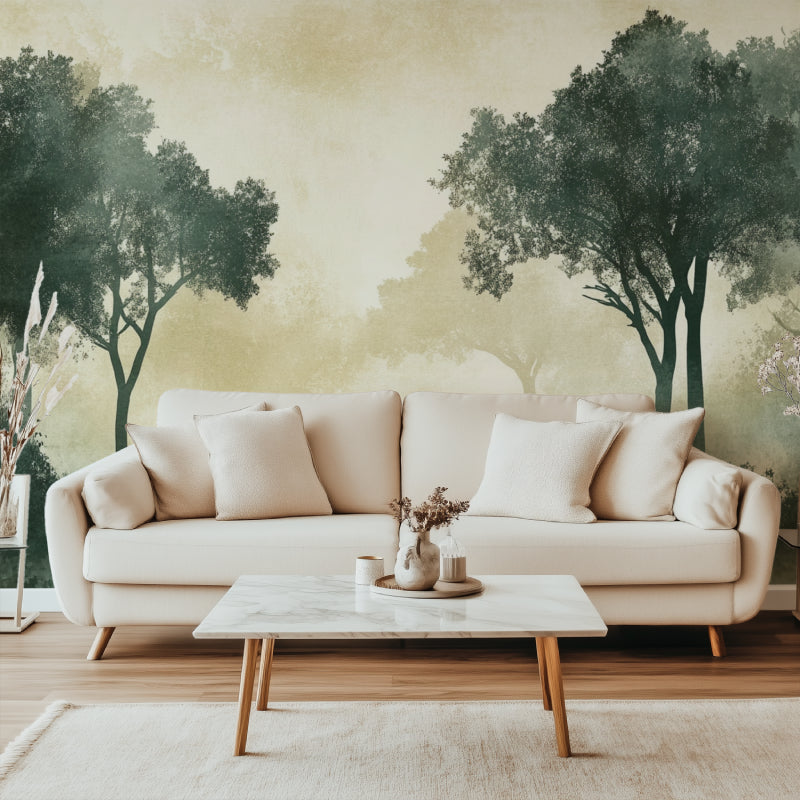Tree Wallpaper Mural adding depth to a minimalist dining room space
