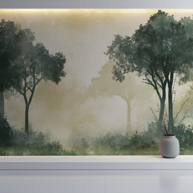 Forest Wall Mural transforming a home office with peaceful tree silhouettes