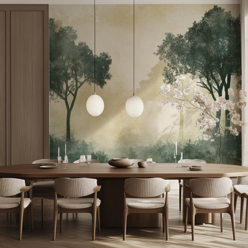 Beige and Green Forest Wallpaper creating a stunning entryway feature wall