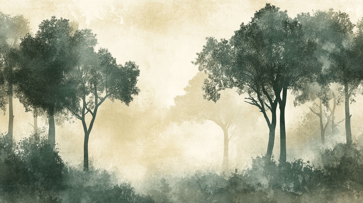 Forest Wallpaper design file showing detailed misty trees pattern in beige and green tones