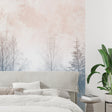 Misty forest wallpaper creating depth in modern living room with grey sofa and natural light