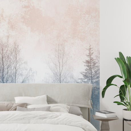 Misty forest wallpaper creating depth in modern living room with grey sofa and natural light