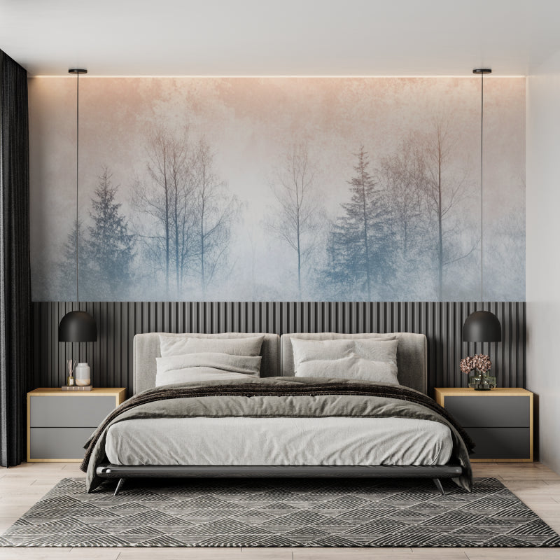 Peaceful bedroom with watercolor forest mural featuring soft pink morning light tones