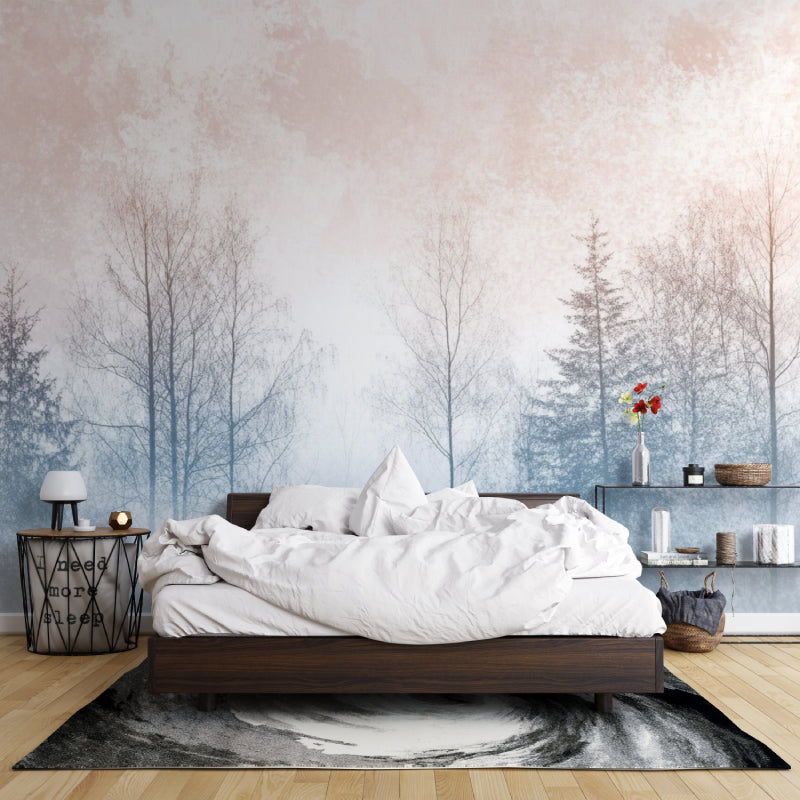 Dining room featuring forest wall mural with evening blue tones and wooden furniture