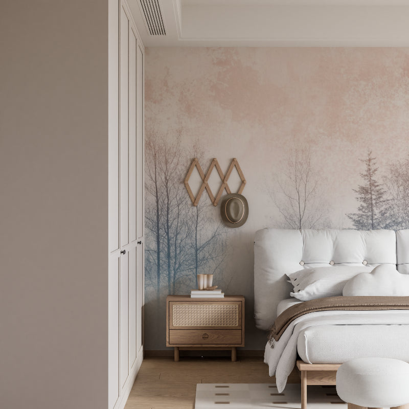 Meditation corner with watercolor forest wallpaper creating serene atmosphere
