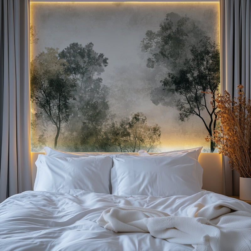 Forest mural wallpaper creating depth in modern living room with natural light highlighting misty tree details