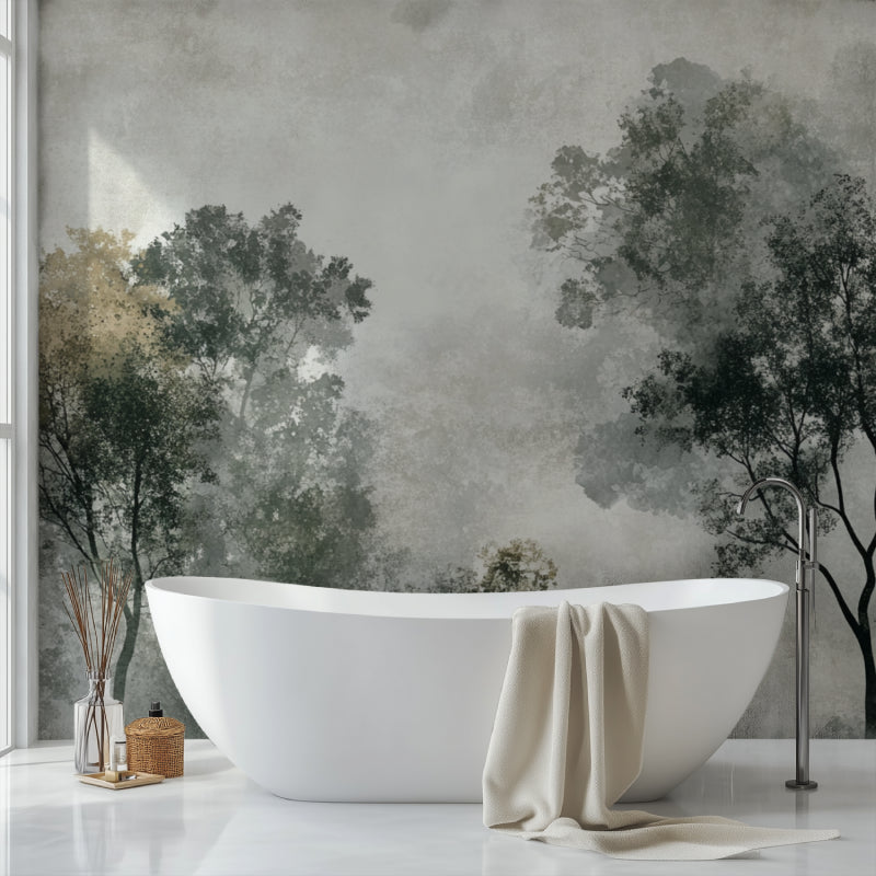 Watercolor forest wallpaper in cozy bedroom showing morning mist effect