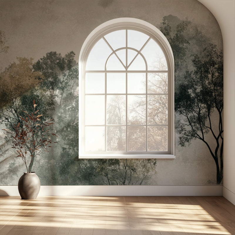 Misty forest mural adding natural charm to dining room walls