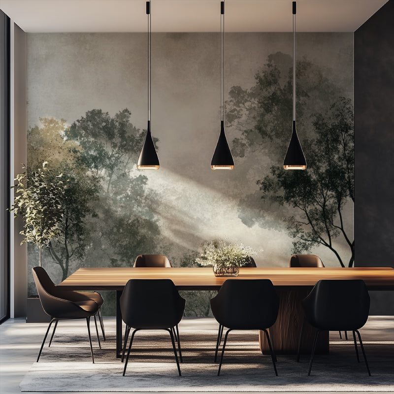 Tree wallpaper creating calm atmosphere in meditation room