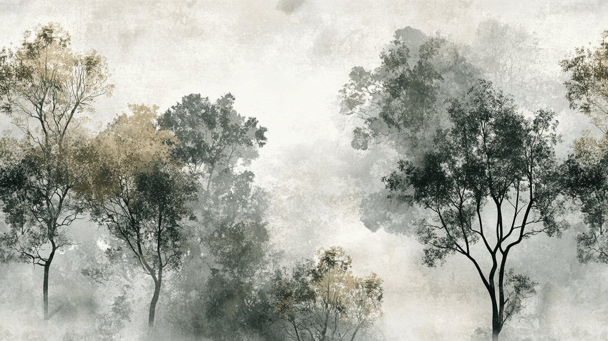 Design file showing detailed watercolor forest pattern with misty tree elements