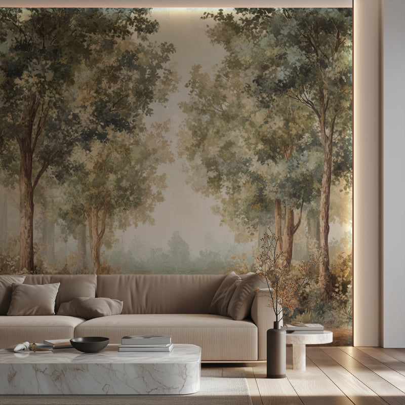 Forest mural wallpaper creating depth in modern living room with grey sofa and natural light