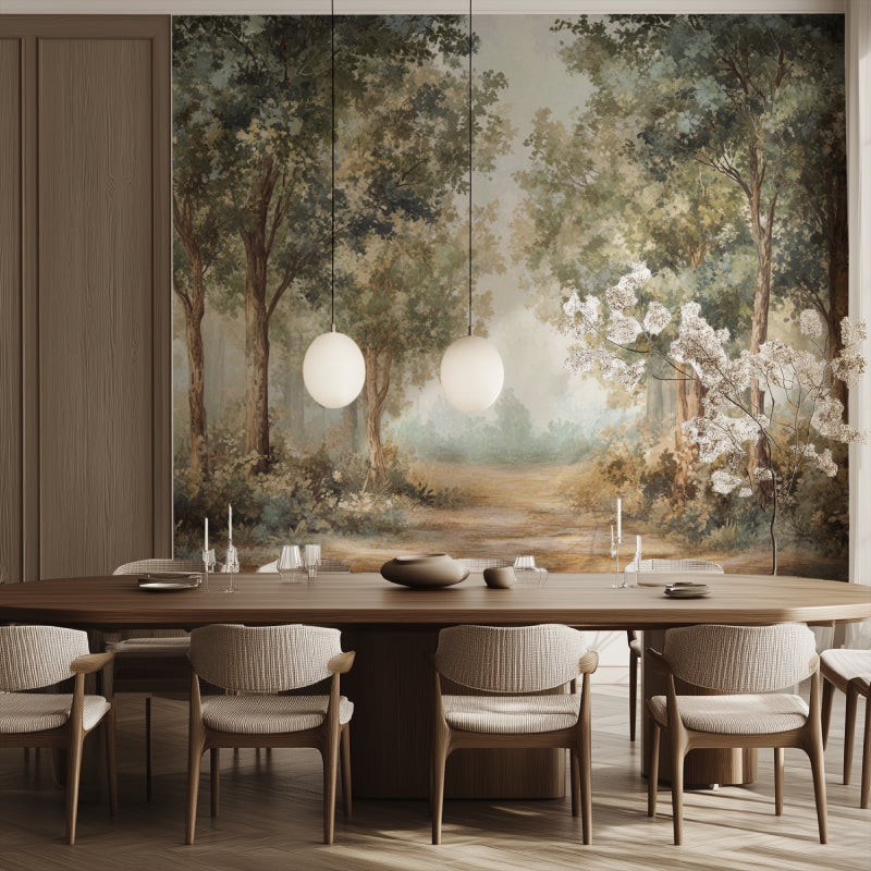 Woodland wallpaper transforming master bedroom with soft morning light