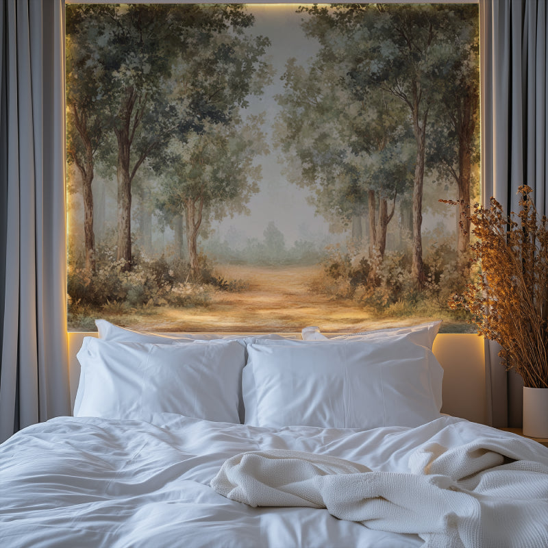 Forest wallpaper creating cozy atmosphere in reading nook
