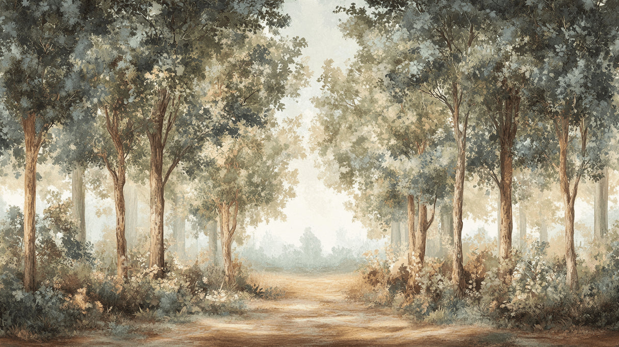 Watercolor forest design file showing detailed misty tree pattern and soft color palette